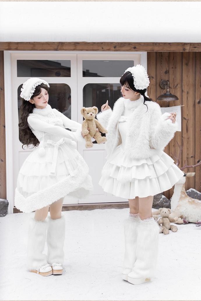 With PUJI - White Choco - Winter Kawaii Lolita JSK Dress Set, Fluffy Accents 44246:801119