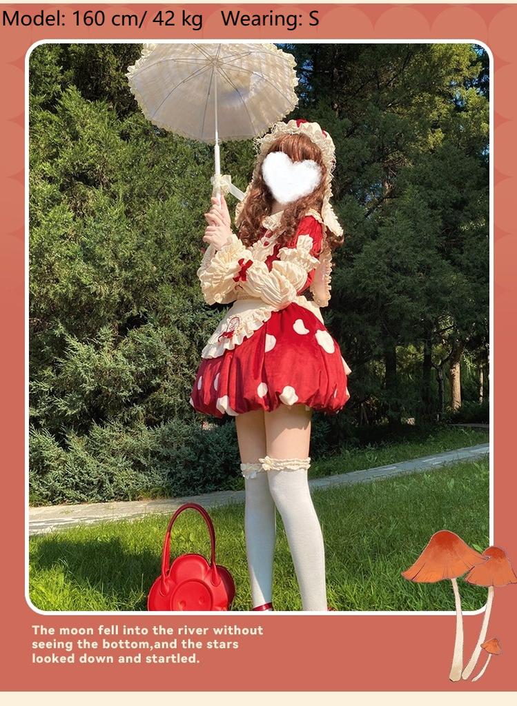 Sakurahime~Mushroom~Kawaii Lolita OP Dress with Apron and Detachable Sleeves