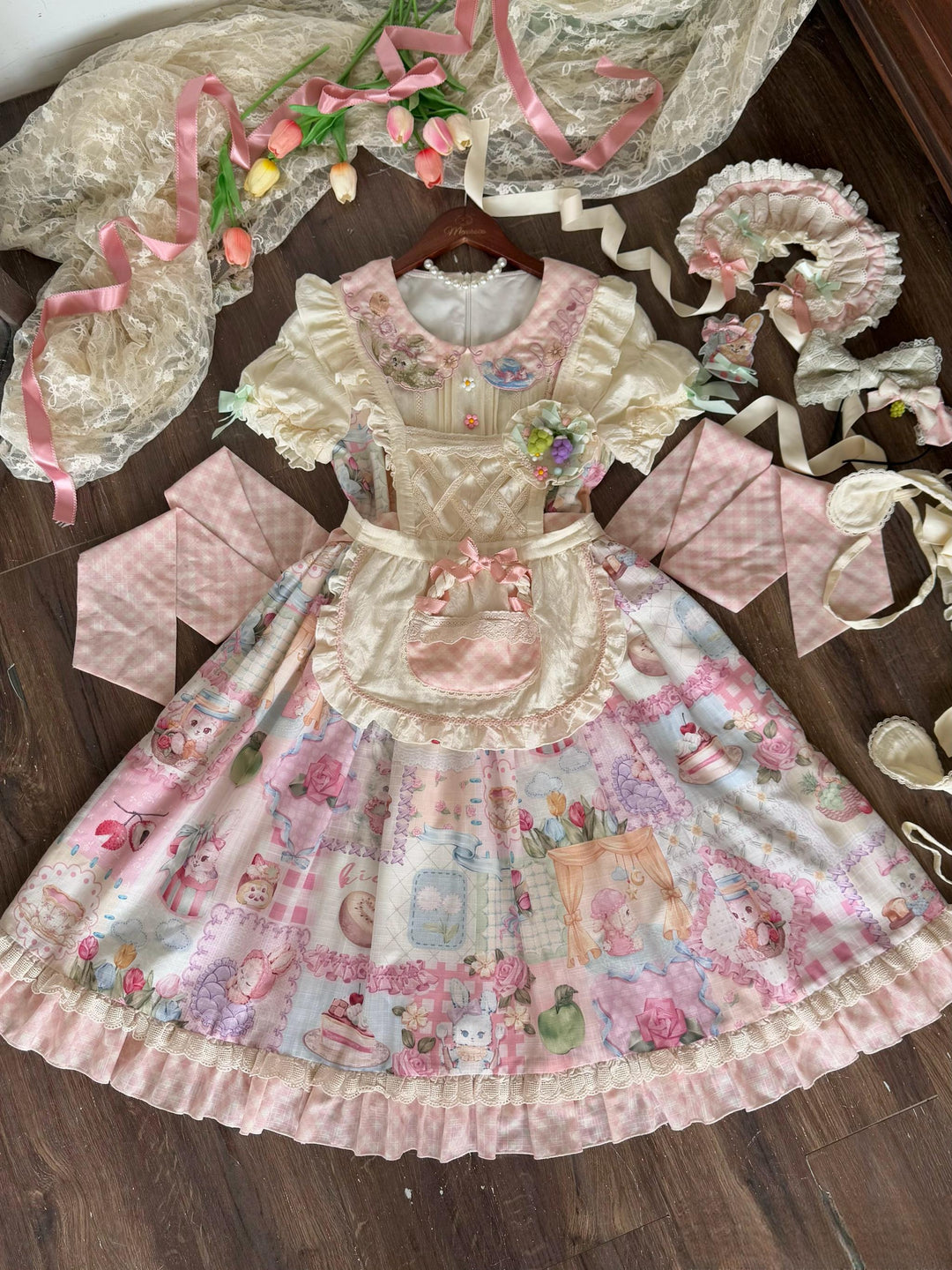 Mewroco~Country Patchwork~Sweet Lolita Dress Set Print OP SK Shirt and Camisole