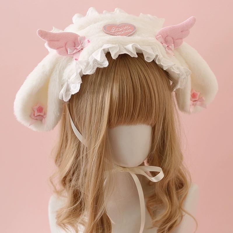 Xiaogui~Kawail Lolita Headband Plush Bunny Ears Wings Headdress   