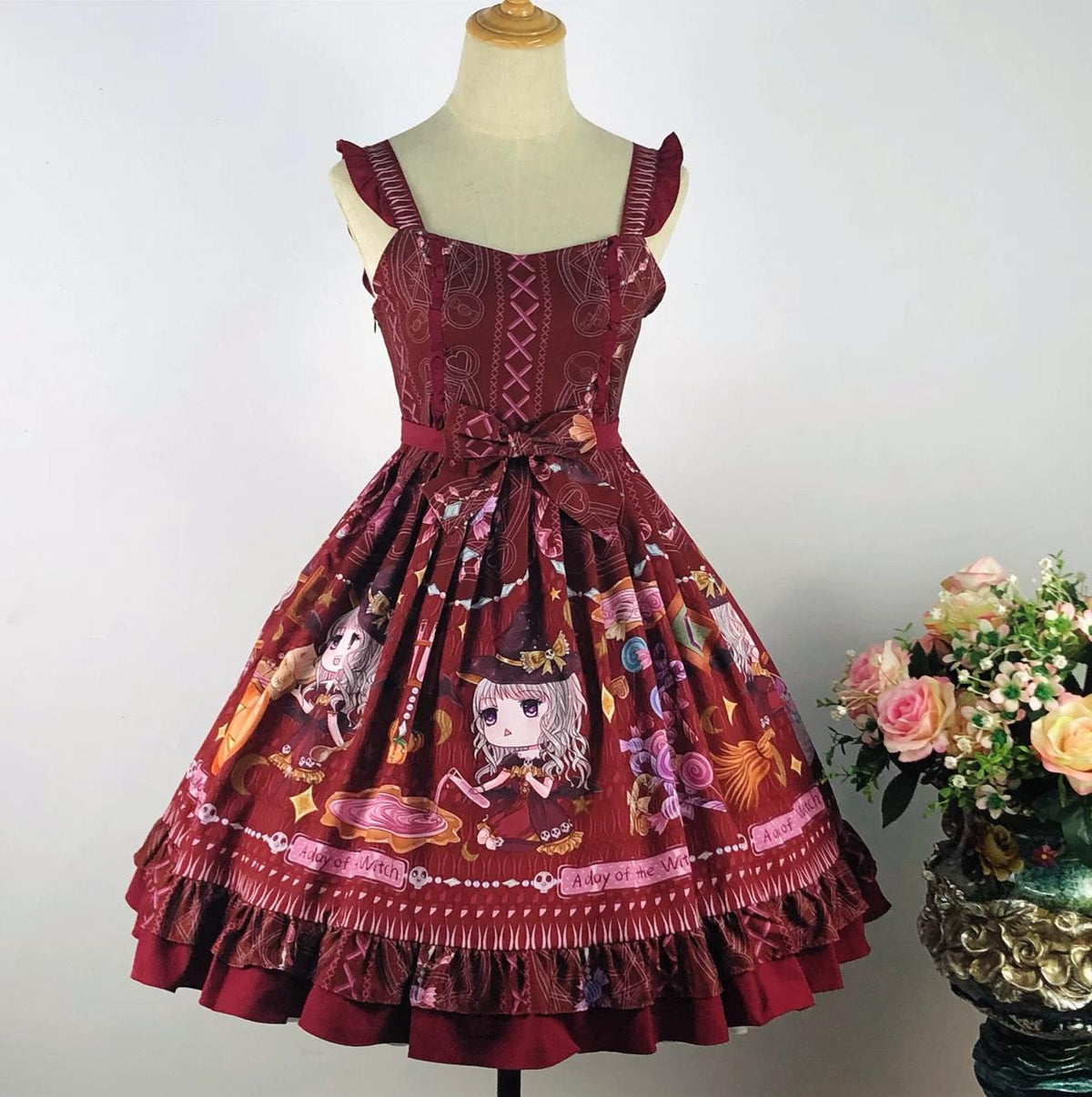 Halloween Sweet Lolita JSK Dress, Witch & Pumpkin Print (Burgundy / 2XL L S) 45945:869610