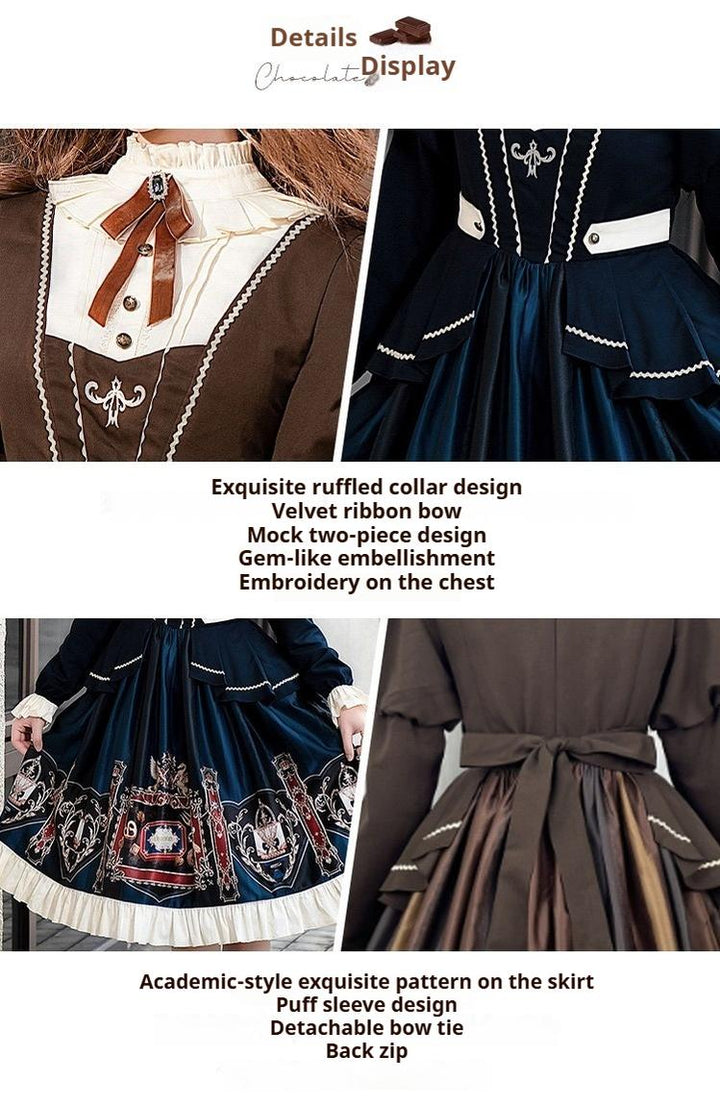 Jinmu~Chocolate Academy~Vintage Lolita OP Long Puff Sleeve Schoolgirl Lolita Dress 40344:657358