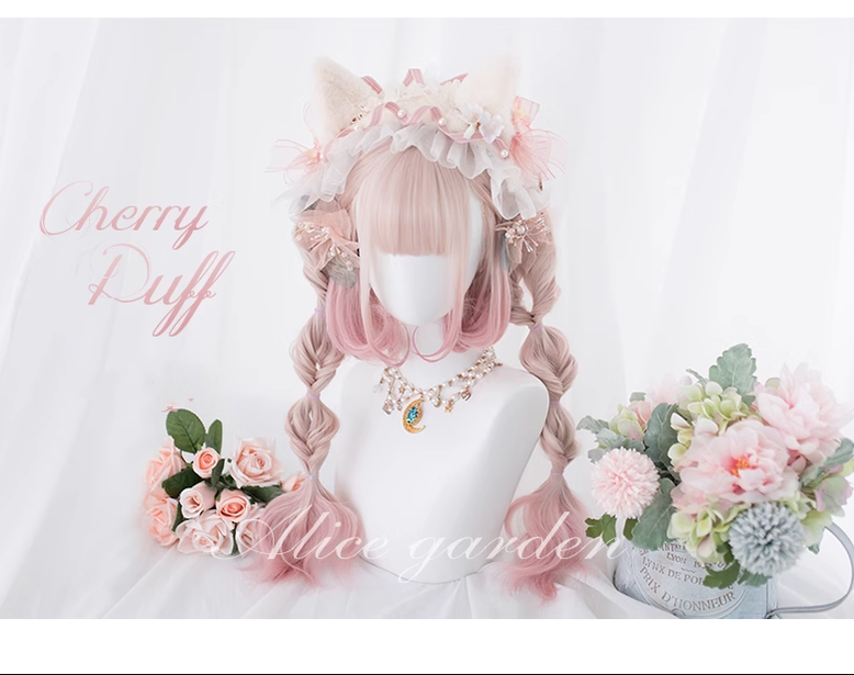 Alicegarden~Cherry Puff~Sweet Lolita Wig Gradient Pink Wig with Long Curly Ponytails   