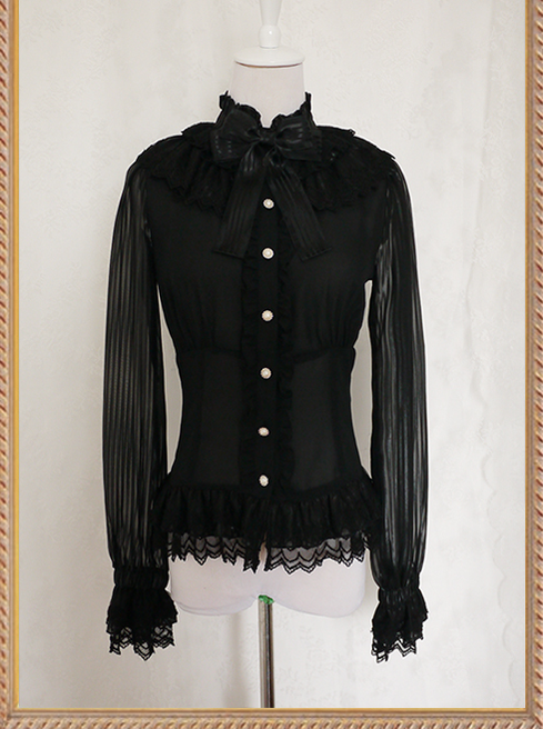 Chess Story~Doll Theater~Classic Lolita Chiffon Long-Sleeved Shirt S black 