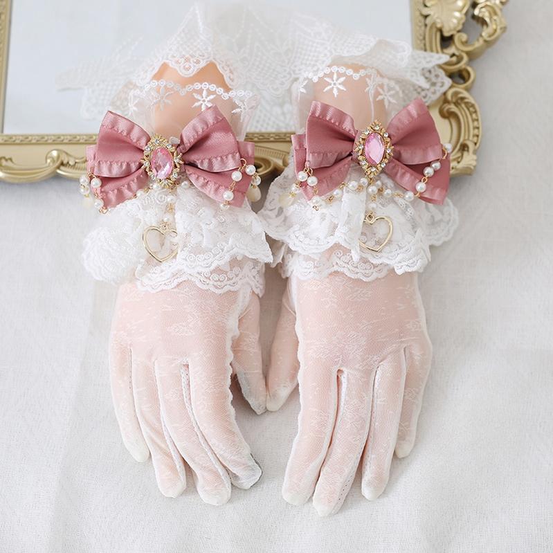 Xiaogui - Vintage Lolita Gloves Lace Bow Bead Chain Sunscreen Gloves Korean pink