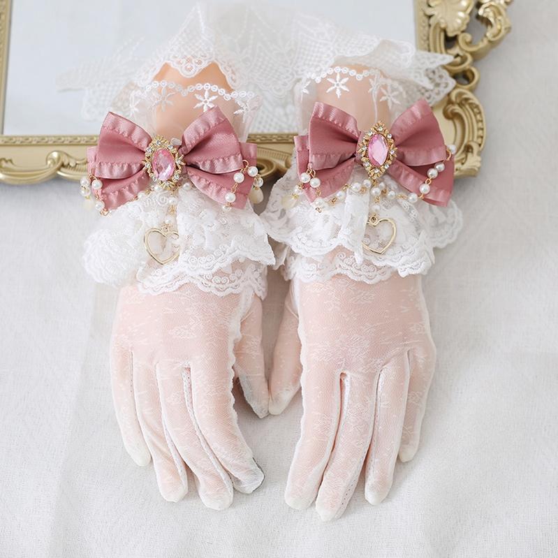 Xiaogui~Vintage Lolita Gloves Lace Bow Bead Chain Sunscreen Gloves Korean pink  