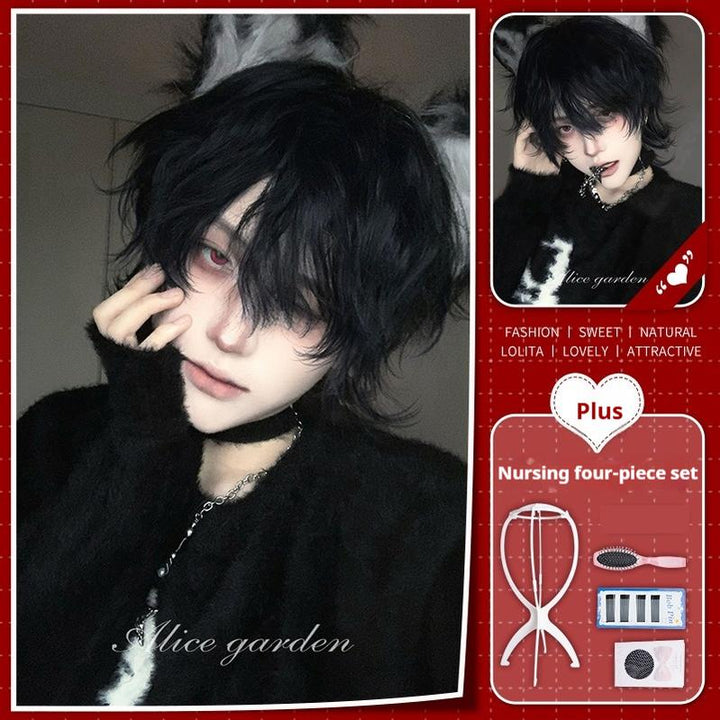 Alicegarden~Ouji Lolita Wig Short Curly Male Lolita Wig Graphite Blue Wig with Hairnet+ Four-piece Nursing Set