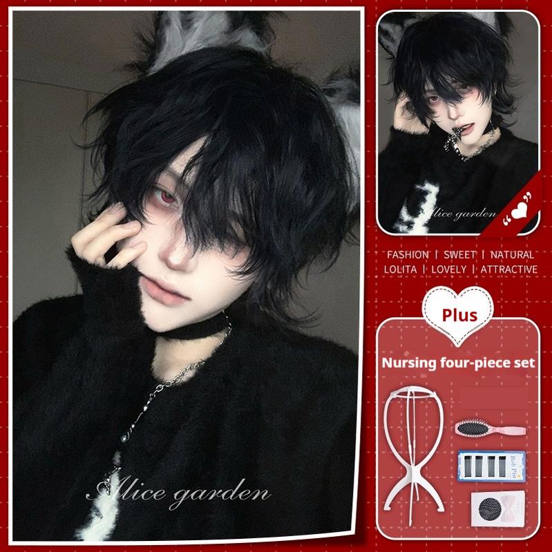 Alicegarden - Ouji Lolita Wig Short Curly Male Lolita Wig Graphite Blue Wig with Hairnet+ Four-piece Nursing Set