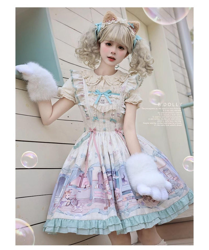 Baduoni~Dream Core Childhood~Kitty Printed Sweet Lolita JSK with Cute Headband