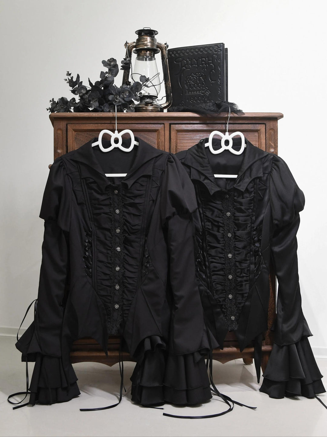 Flower Messenger~Endless Night~Gothic Lolita Shirt with Batwing Collar and Puffy Sleeves Black Satin Version XS