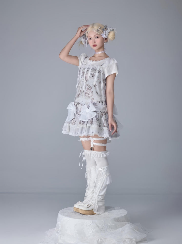 Bacio Bouquet~Hyaline Angel~Daily Lolita Low Waist Dress with Angle Print&Lace Detail