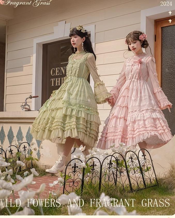 Flower and Pearl Box~Wild Flowers and Fragrant Grass~Country Lolita Dress Floral Print JSK and OP Dress Set 35380:486578