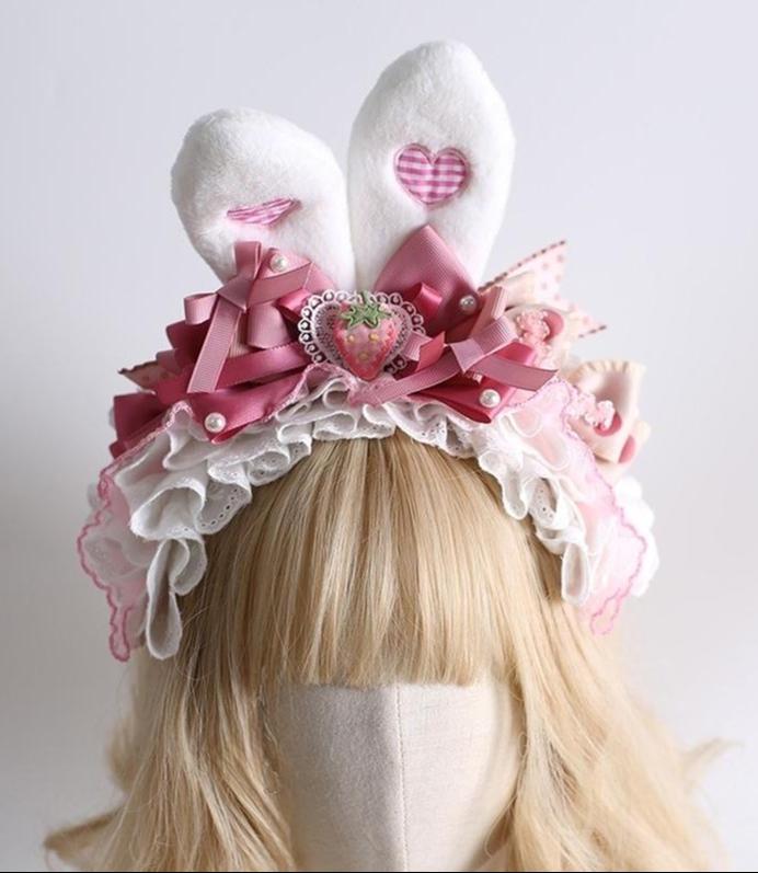 Xiaogui~Sweet Lolita Headdress Pink White Bunny Ear Hair Accessory No.5 - Bunny Ear KC