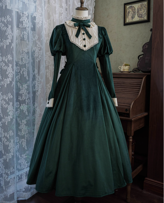 Poesy Lolita~Gem Buckle~Elegant Lolita Mutton Sleeve Dress M green 