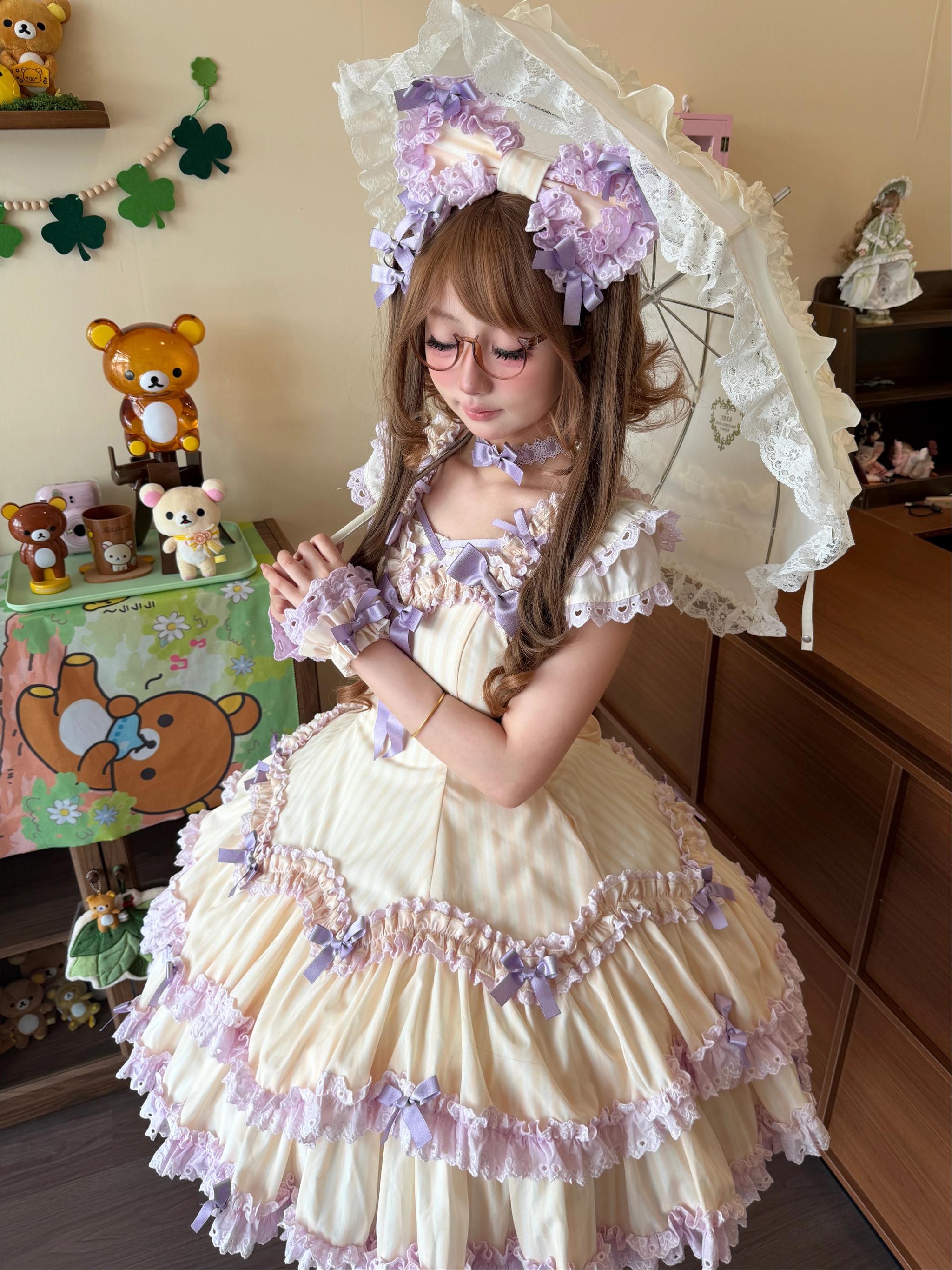 Eternal Girlhood - Six-Panel Old School Lolita Striped JSK & OP, Bow Accents (L M S XL) 45811:863015