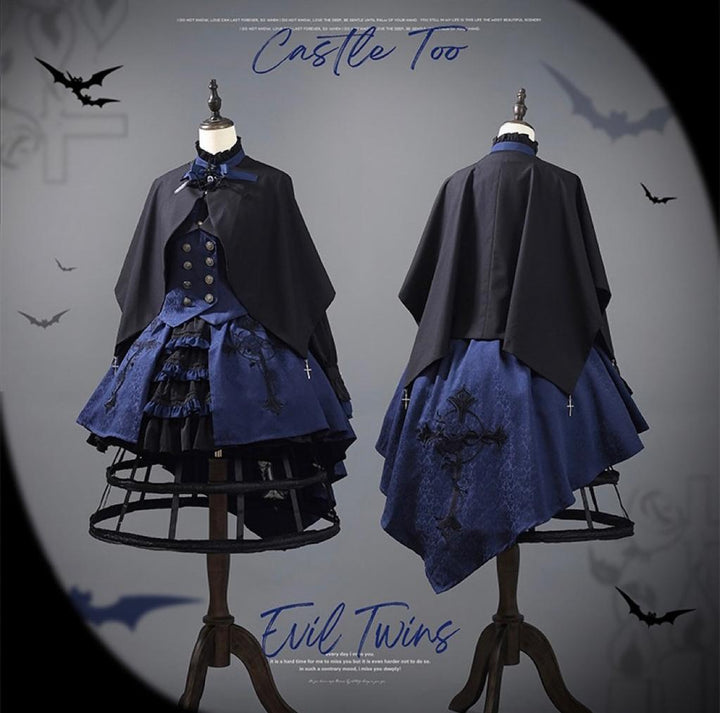(BFM)CastleToo~Evil Twins~Ouji Lolita Dress Lolita Vest Shirt Shorts Skirt Set S Night Crow Cloak 