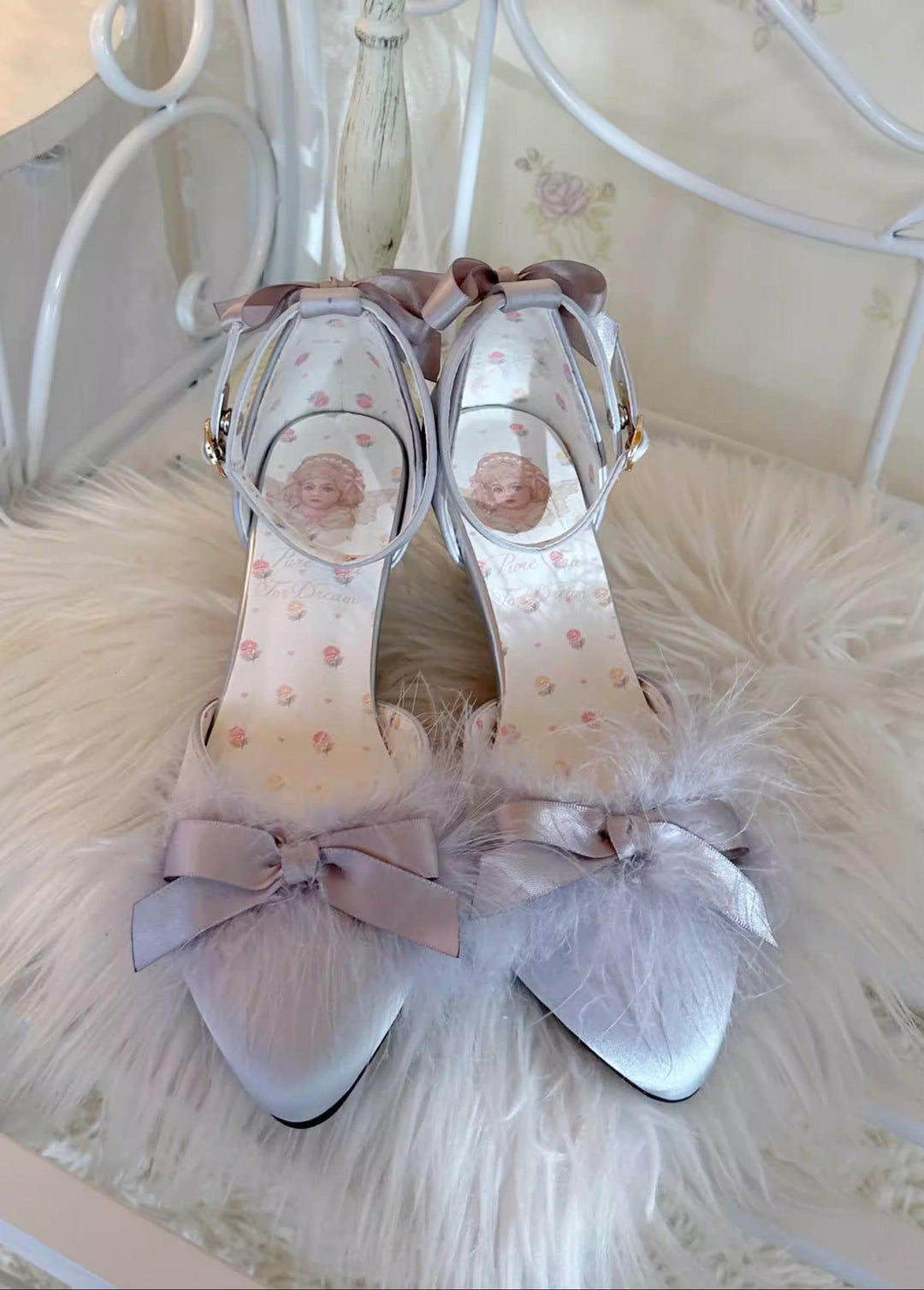 Pure Tea For Dream~Swan Lake~Sweet Lolita Shoes Satin Lolita Hight Heels Silver Gray 34