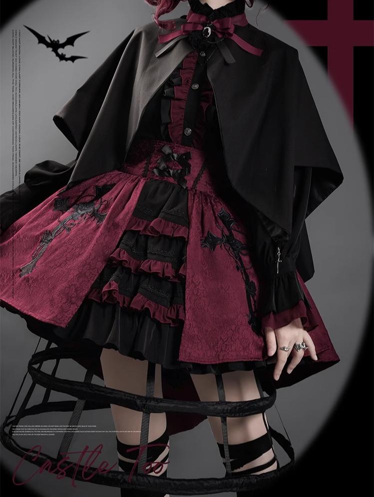 (BFM)CastleToo~Evil Twins~Ouji Lolita Vest Shorts Skirt Black Red Set Free size Night crow cape 