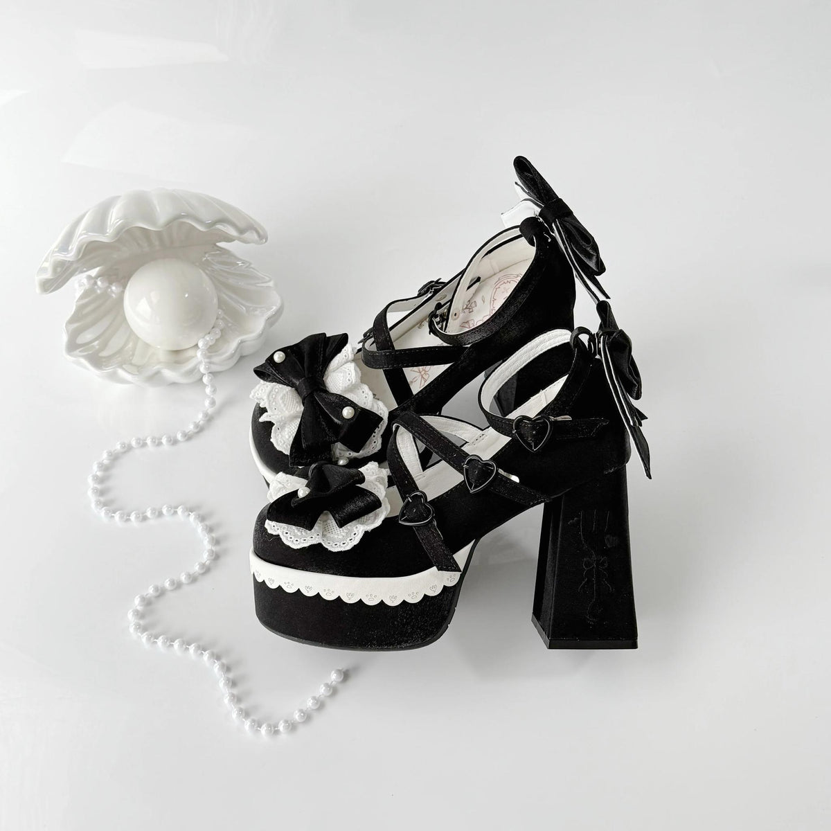 Tea Party Tale - Sweet Lolita Platform Heels, Bow Strap & Fork Embroidery (Black / 34 35 36 37 38 39 40 41) 45905:867667
