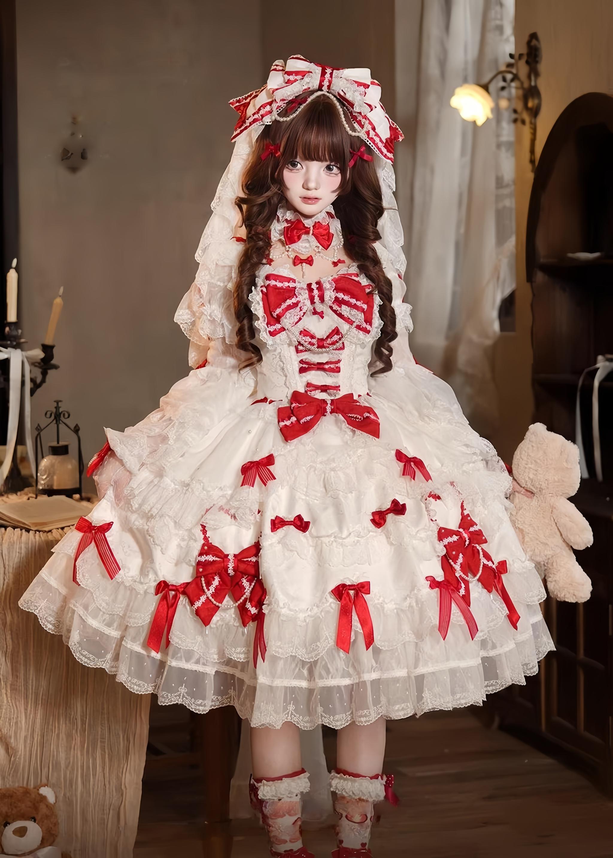 Showa Doll SP - Sweet Lolita Wedding OP Dress, Layered Hem White and Red S Short Sleeve OP Only