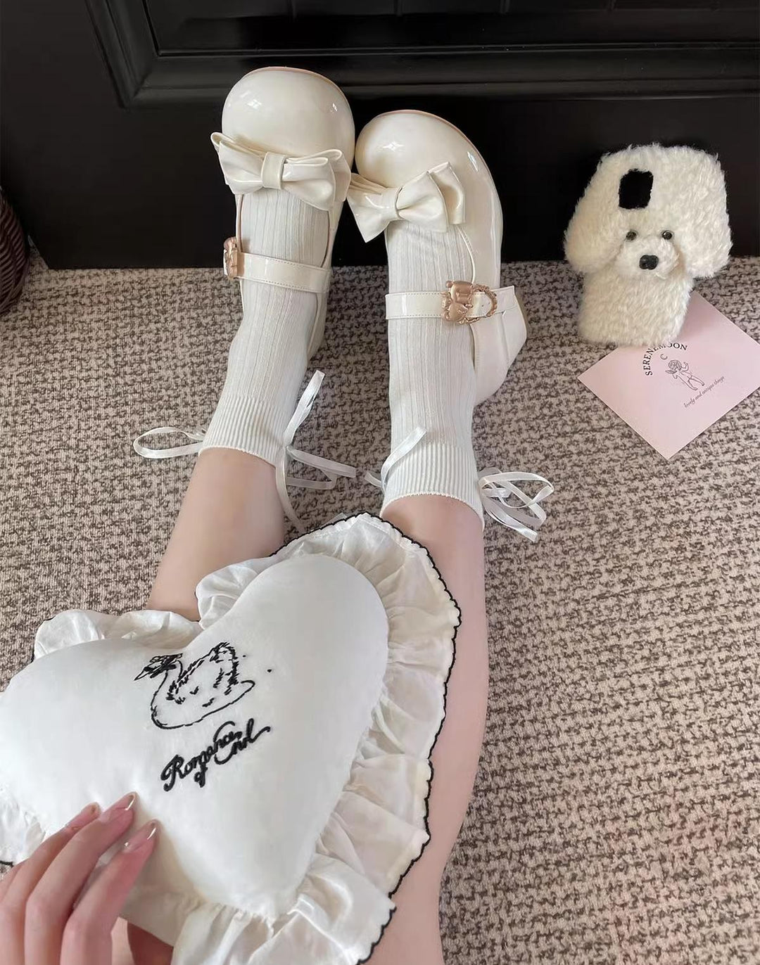 Sheep Puff~Hug Bear~Sweet Lolita Heel Shoes Bear Metal Buckle Bow Shoes   