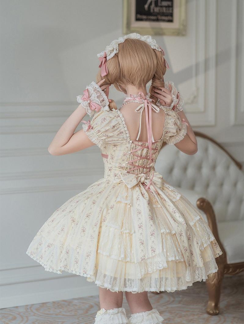 Garden Encounter of Three Springs - Cotton Old School Lolita Floral Print OP, Lace Back Opening 45674:858627