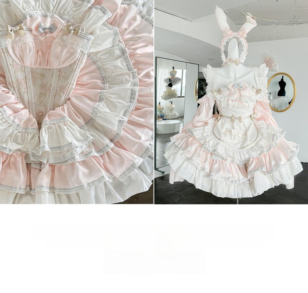 POSHEPOSE~Maid Bunny~Gorgeous Sweet Lolita OP Dress with Detachable Sleeves and Apron