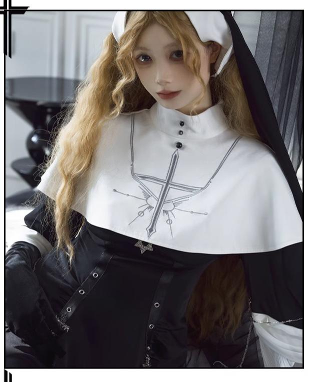 CHUNLV LOLITA~Night Cathedral~Halloween Nun Lolita OP Suit Gothic Dress Set Cape Only S