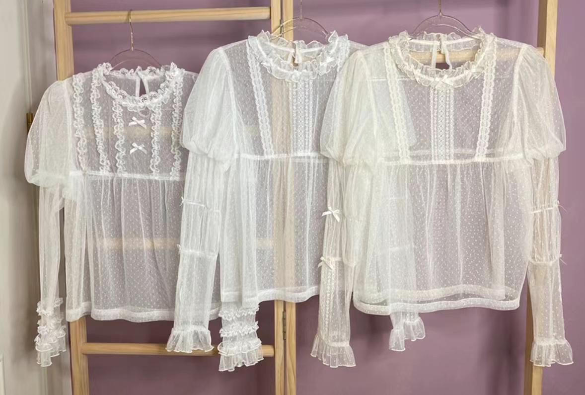 Little Dipper~Daily Lolita Blouse Gauze long Sleeve Shirt S Ruffle edge lace style (off-white) 