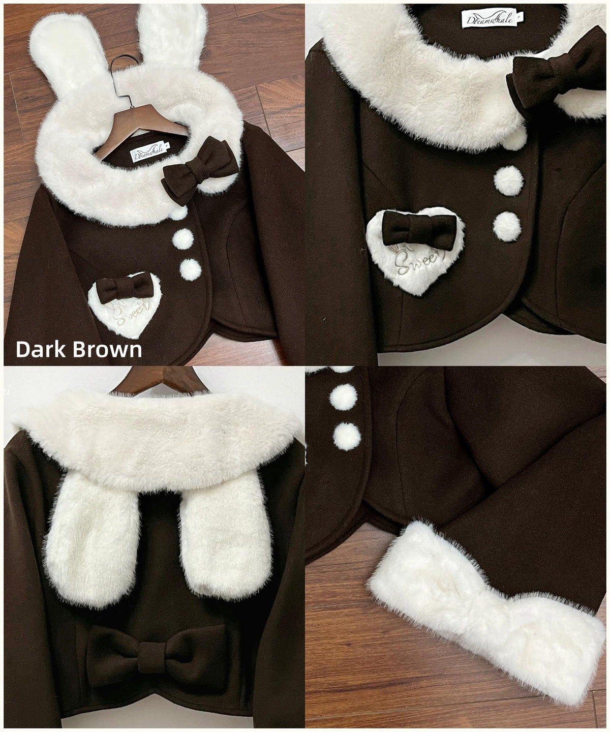 Rabbit Heart Knot - Sweet Lolita Winter Short Coat, Detachable Bunny-Ear Collar 45891:866928