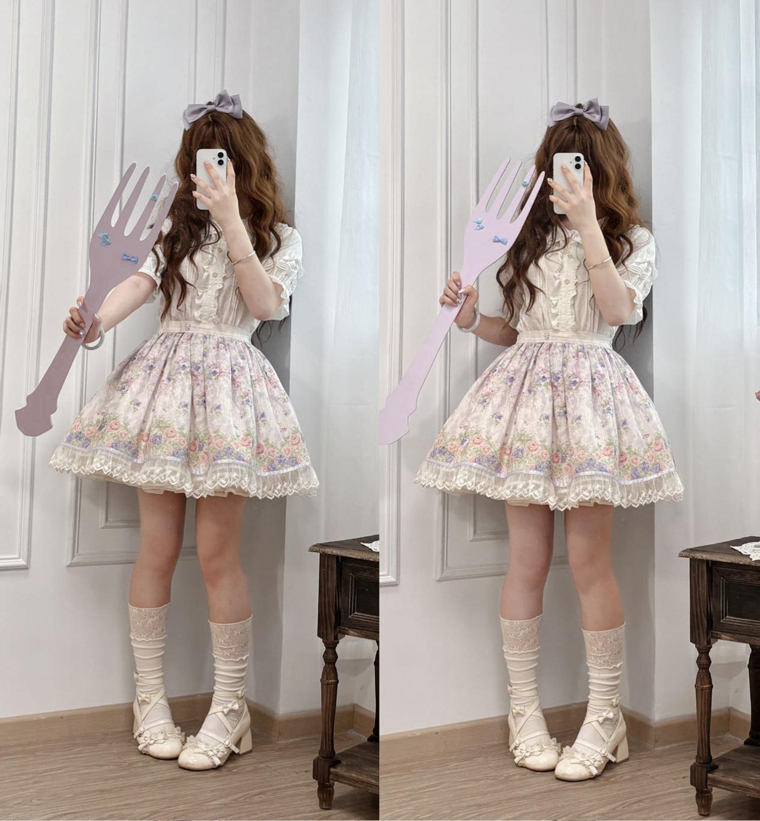 Yuri's Garden - Classic Floral Printed Lolita Dress with Lace 45541:852317