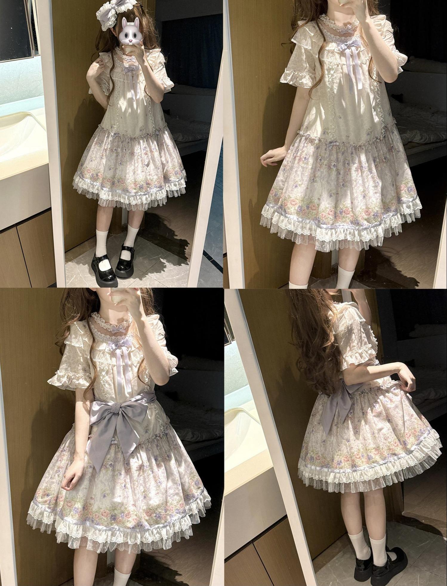 Yuri's Garden - Classic Floral Printed Lolita Dress with Lace 45541:852347