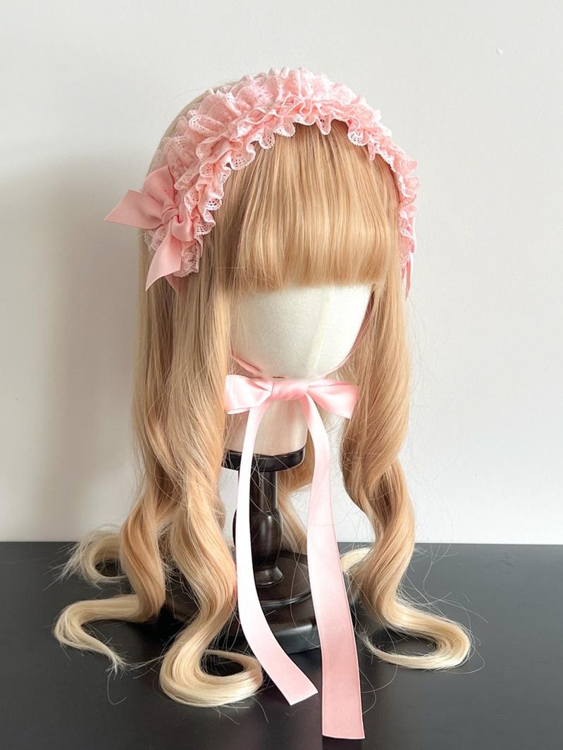 MAID - Customized Elegant Lolita Bow Lace KC Headdress Cherry Pink