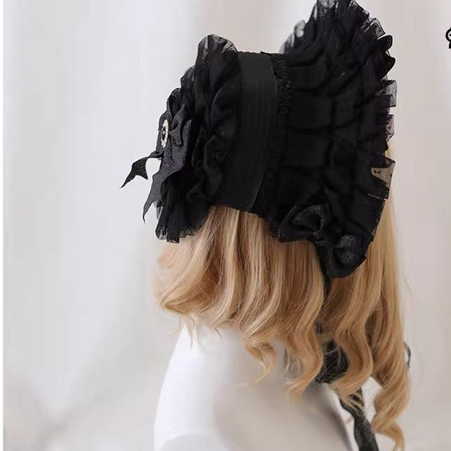 Xiaogui - Gothic Lolita Black Lace Flowers Bonnet