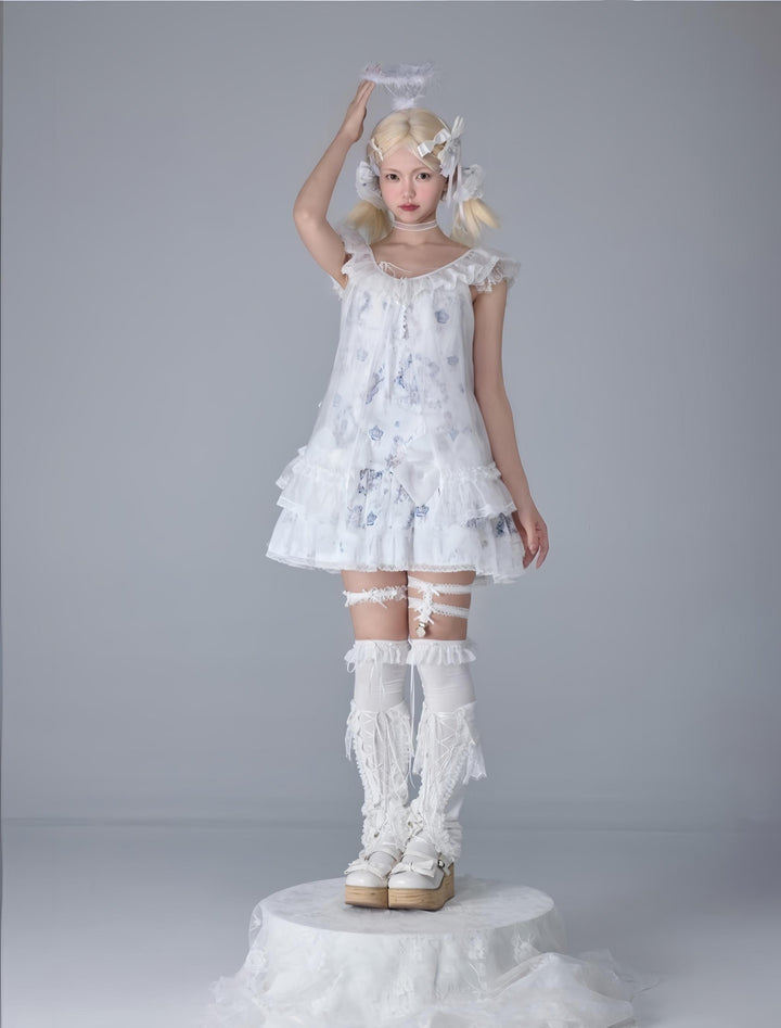 Bacio Bouquet~Hyaline Angel~Daily Lolita Low Waist Dress with Angle Print&Lace Detail White - S