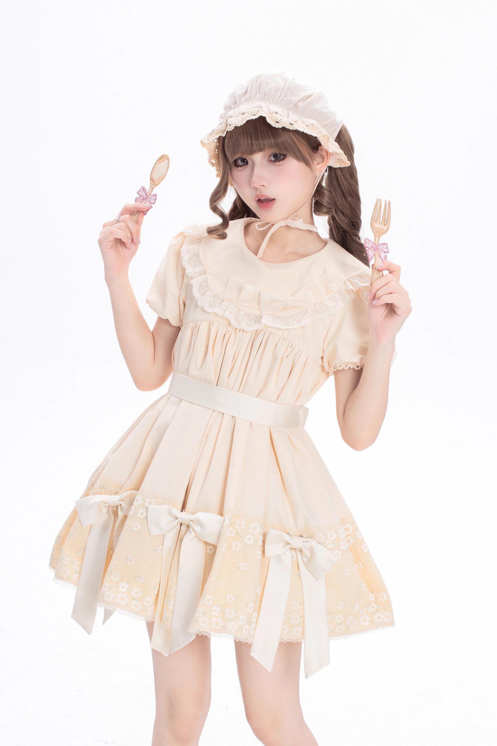 Fresh Tea Lolita - Meringue Frosting - Cotton Kawaii Lolita OP Dress with Satin Bow