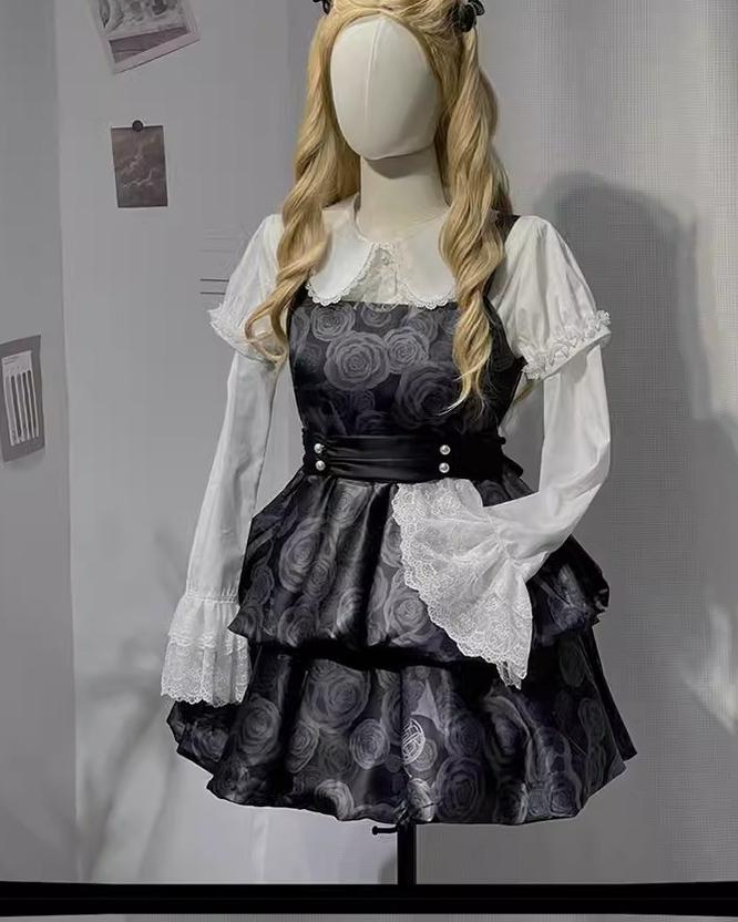 CastleToo~Faded Rose~Gothic Lolita Dress Floral Print Salopette White Short Sleeve Shirt S black and grey salopette dress 