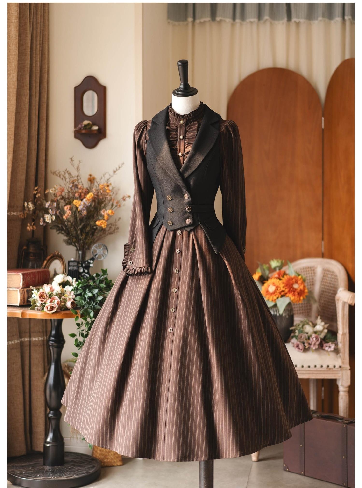 Forest Castle - Classic Lolita Long Striped Dress, Irregular Hem Vest 44441:809895