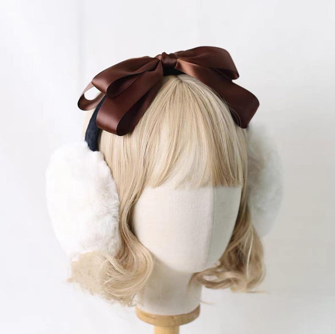 Xiaogui - Winter Lolita Earmuff Bow Plush Earmuff Ear Protector Coffee Color