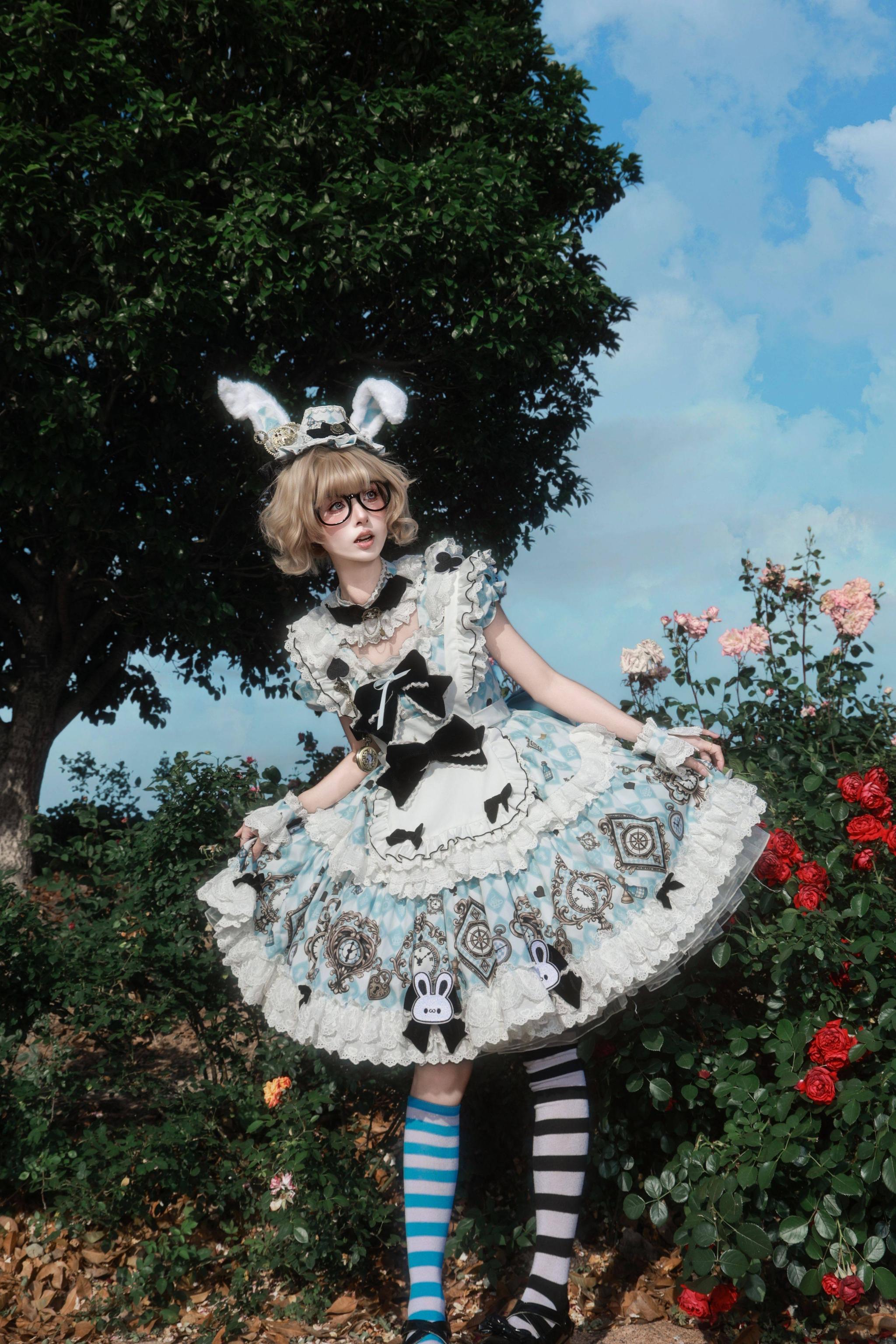 Unnamed Journey - Sweet Lolita Argyle Printed OP Dress with Bunny Details 45510:850445