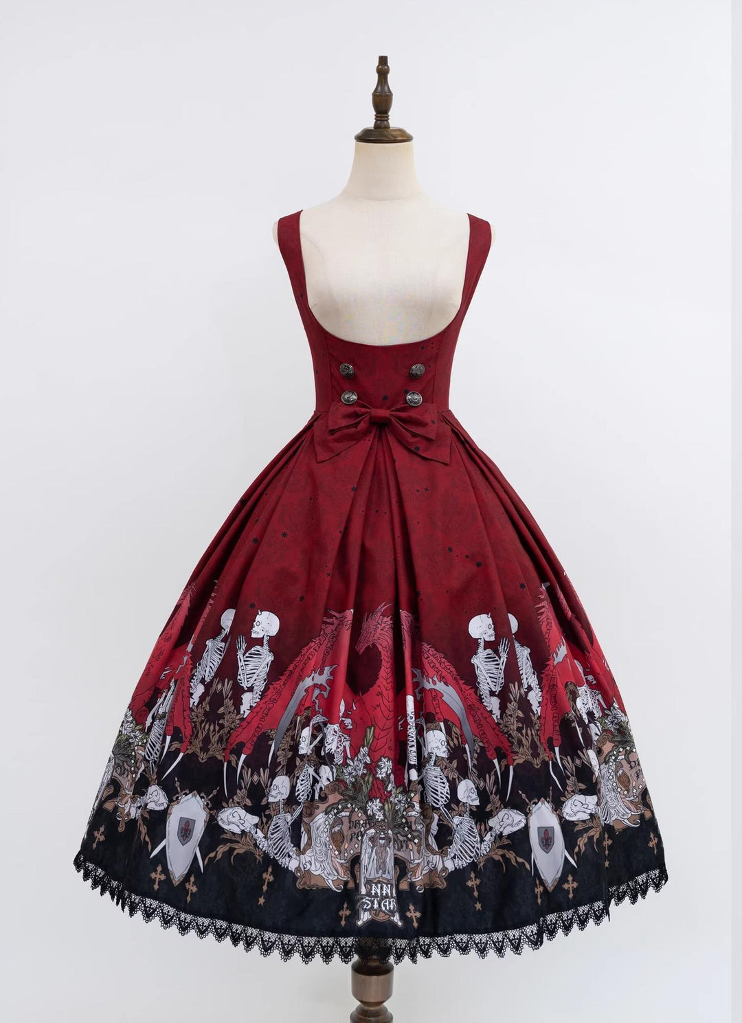 Nn Star - Dragon Bone Lily - Bone Printed Bust-Supporting Gothic Lolita JSK Black and Red JSK S
