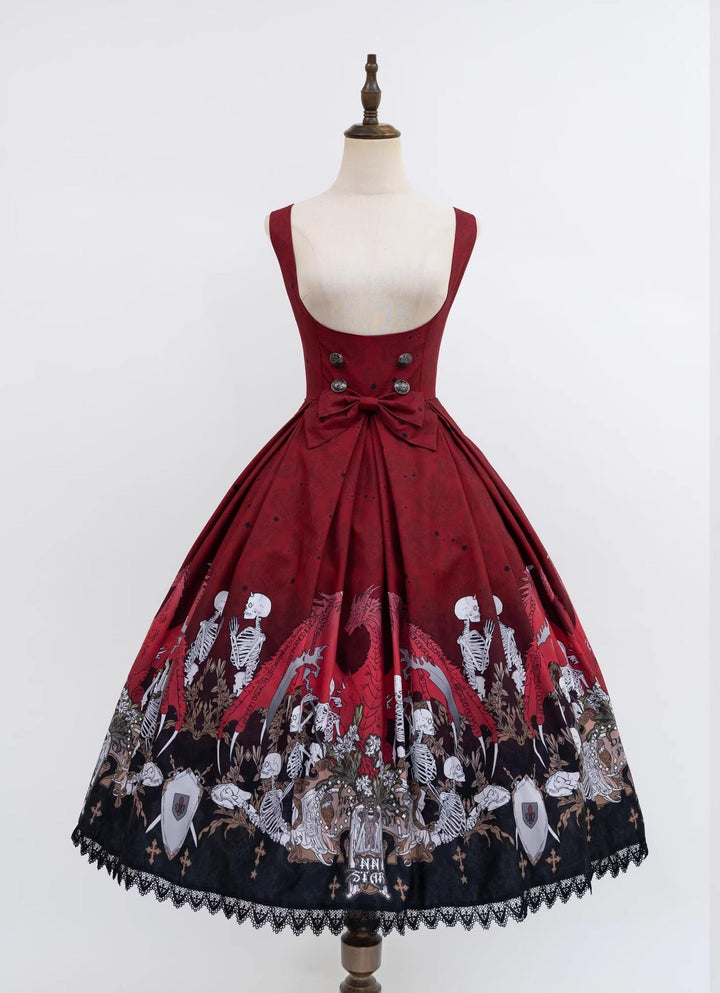 Nn Star - Dragon Bone Lily - Bone Printed Bust-Supporting Gothic Lolita JSK Black and Red JSK S