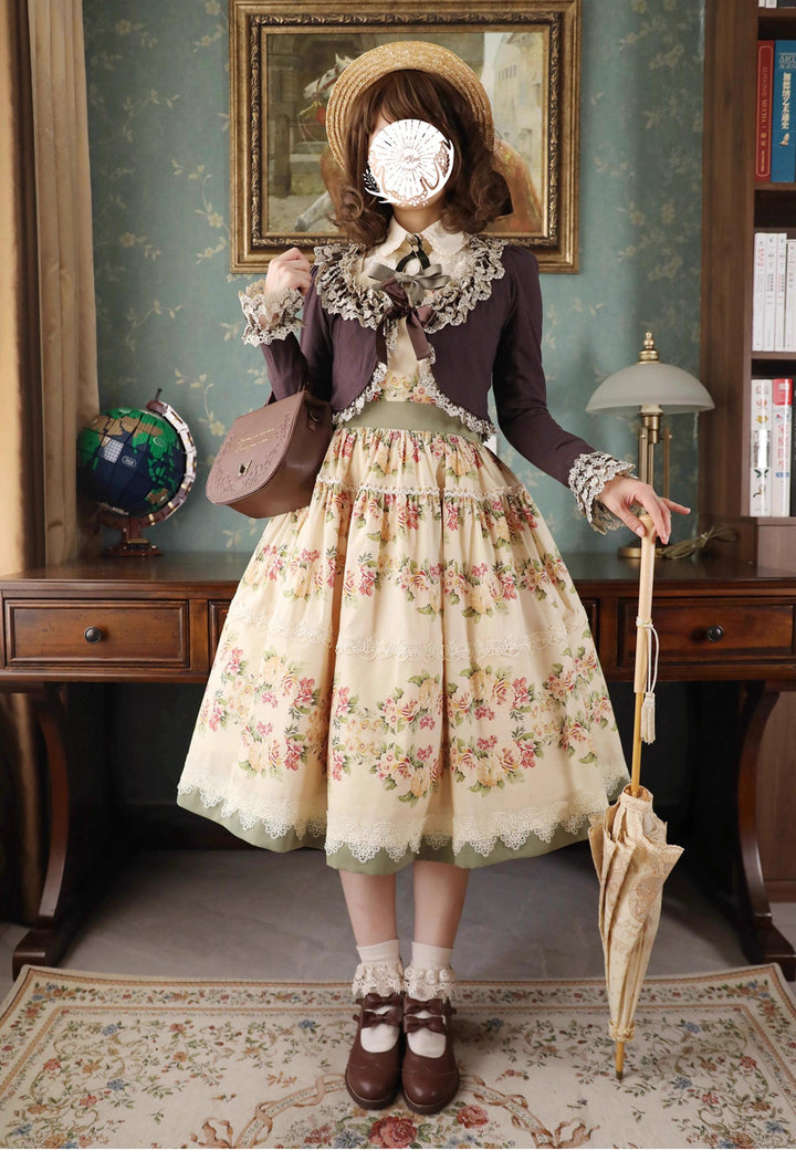 Surface Spell - Blooming Roses Over a Porch - Cotton Elegant Lolita JSK Dress, Floral Print