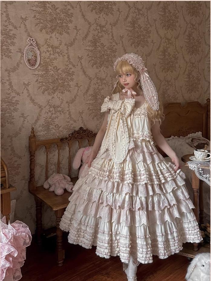 MEEKWIND~Dessert Bunny~Kawaii Lolita Dress Suit Bunny Printed OP and Tiered Ruffle JSK Ivory S JSK only