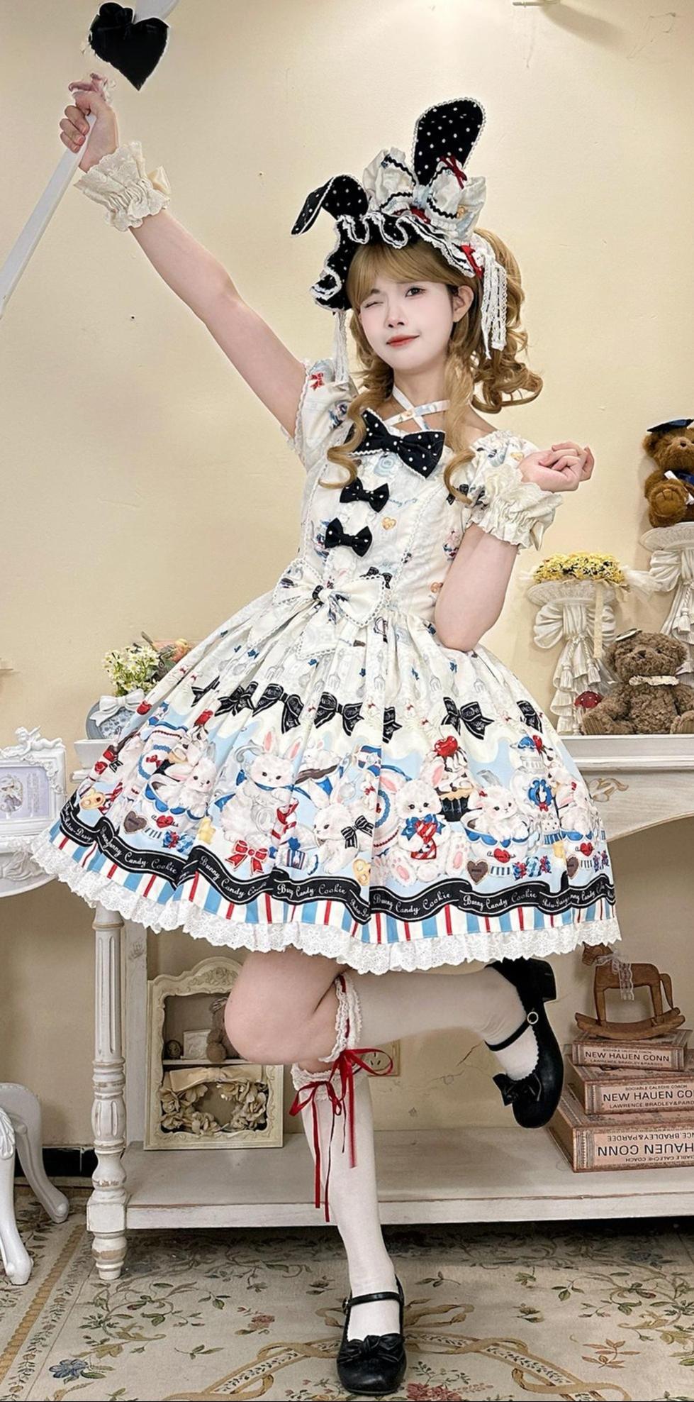 Myth Rabbit Tea Party - Sweet Lolita Dress Set, Bunny Print JSK 44460:809228
