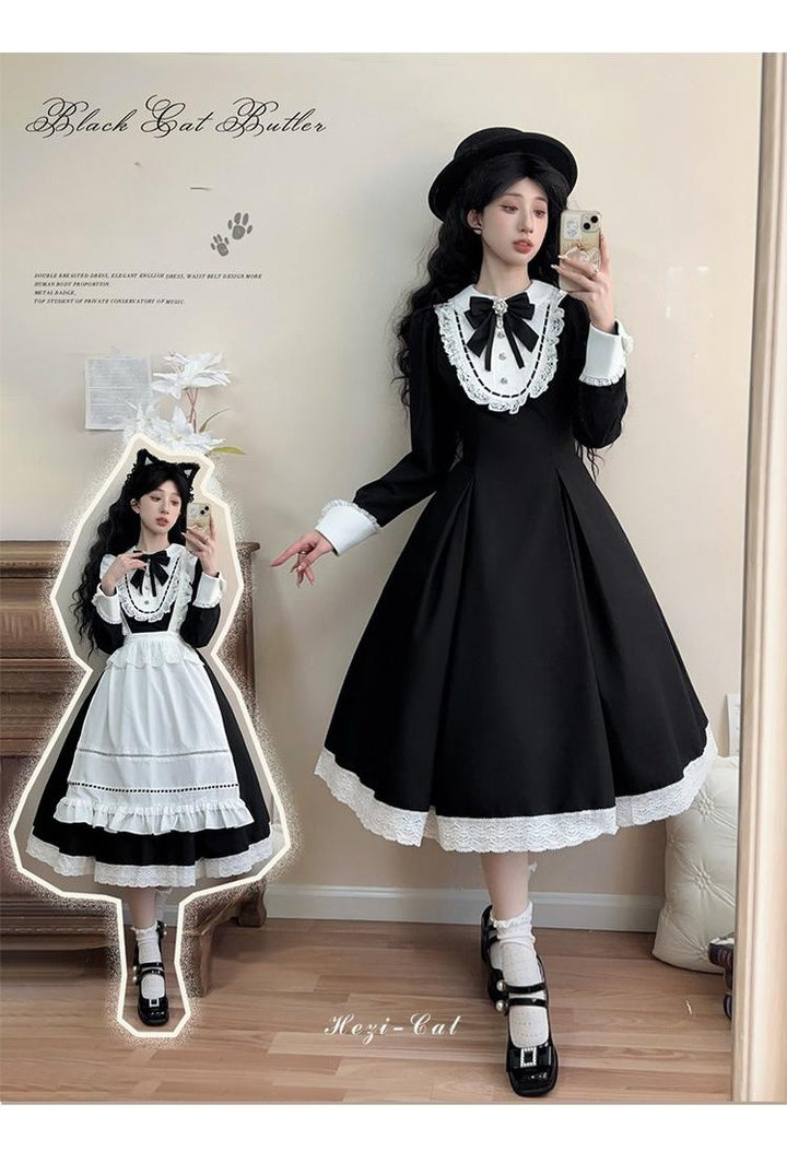 Hezi's Cat Haven~Black Cat Butler~Maid Lolita OP Dress Elegant Black and White Dress