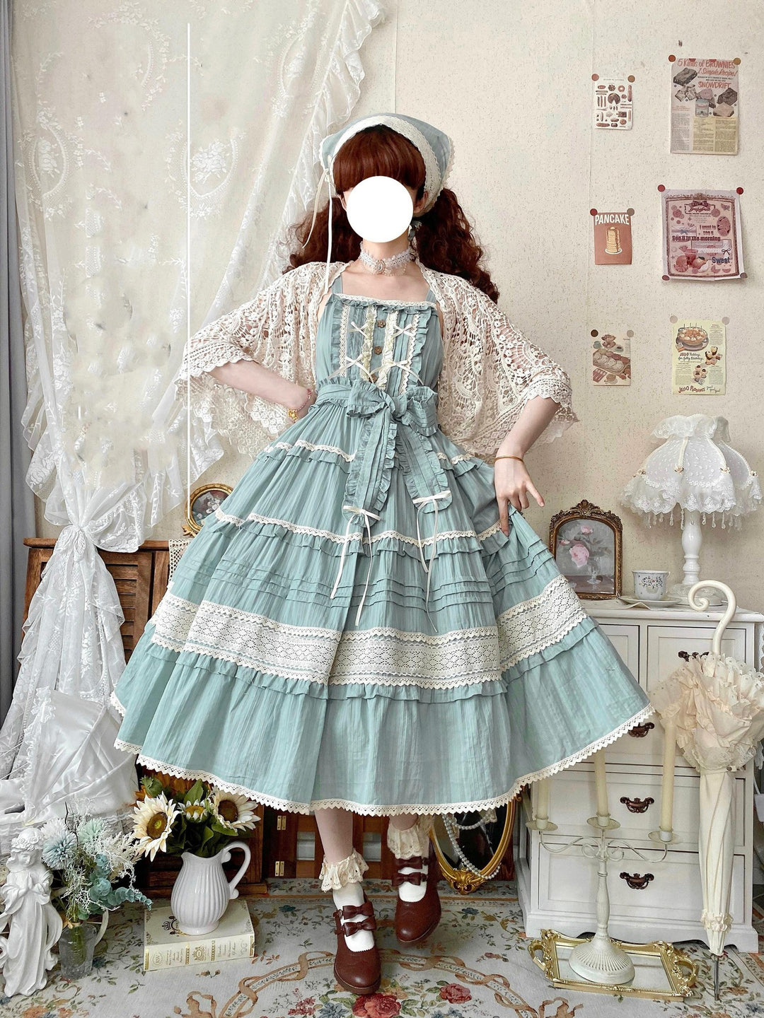 Qianmu~Summer Floral Tea~Country Lolita Cotton Jumper Dress Burlap Dress S Mint ( blue green) 