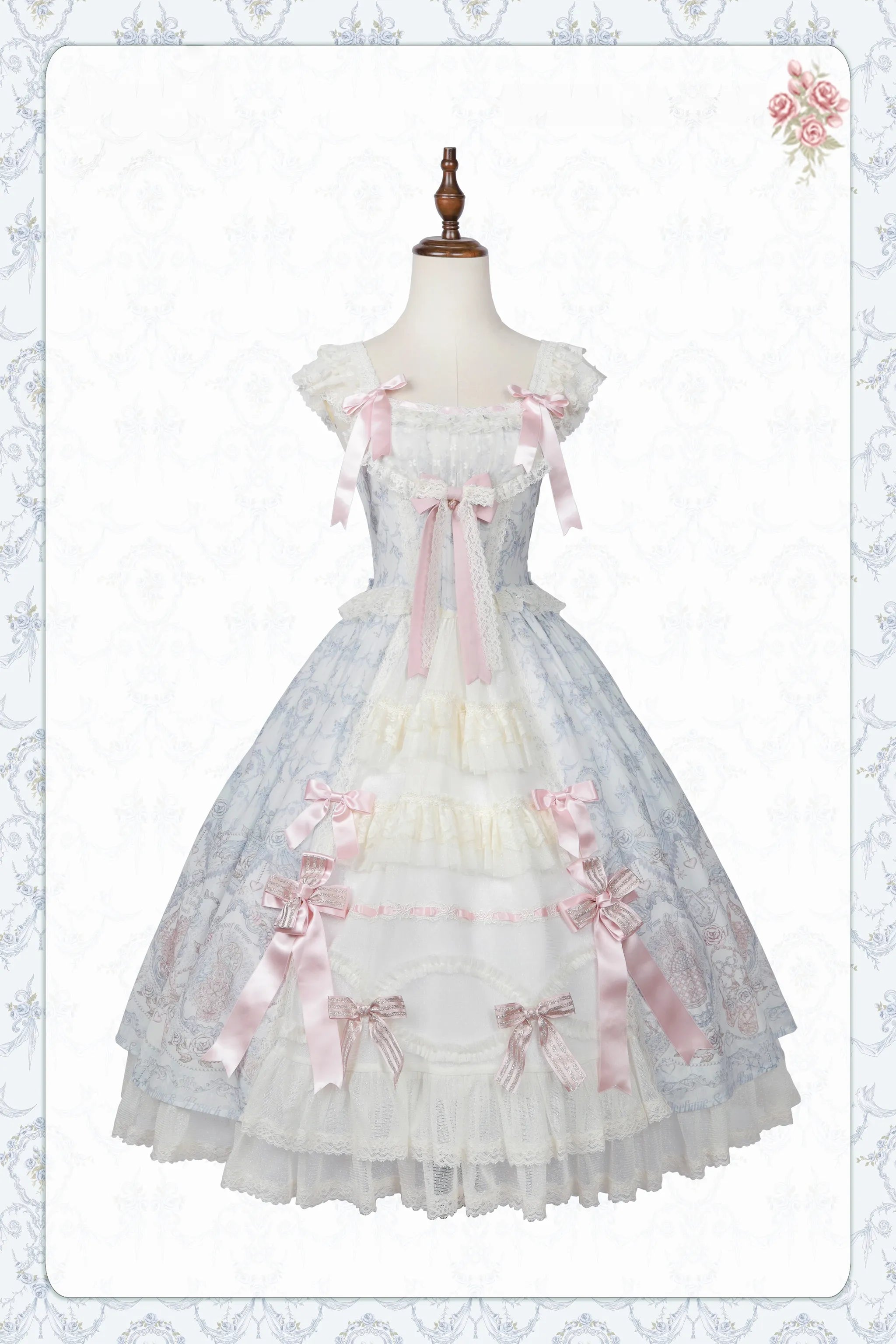 Rose Fragrance - Classic Lolita Lace JSK & OP Dress, Rose & Perfume Bottle Print (L M S) 45850:865556
