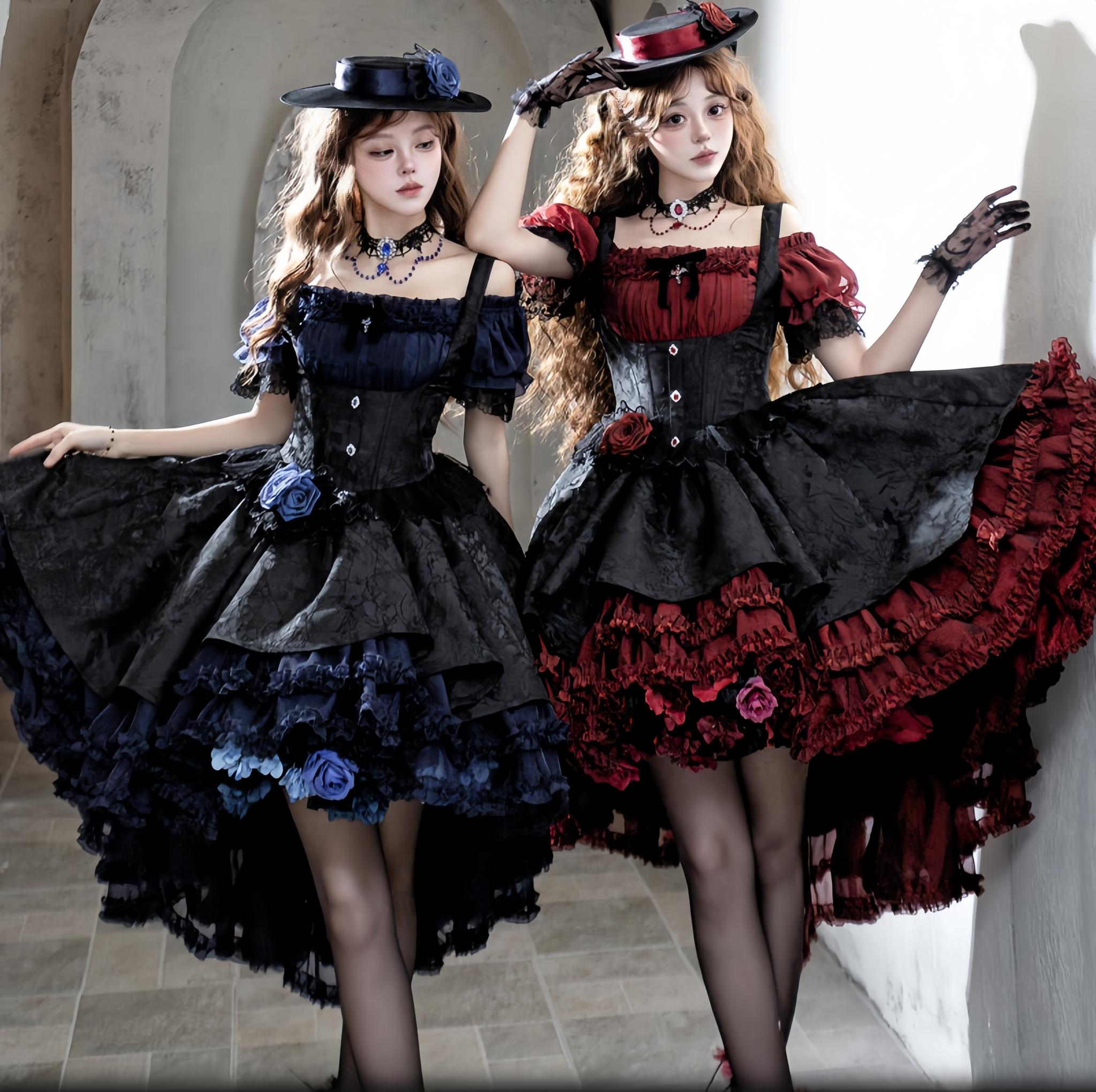 Rose Banquet - Gothic Lolita Boned Bust-supporting JSK Dress, High-low Hem 45815:863745