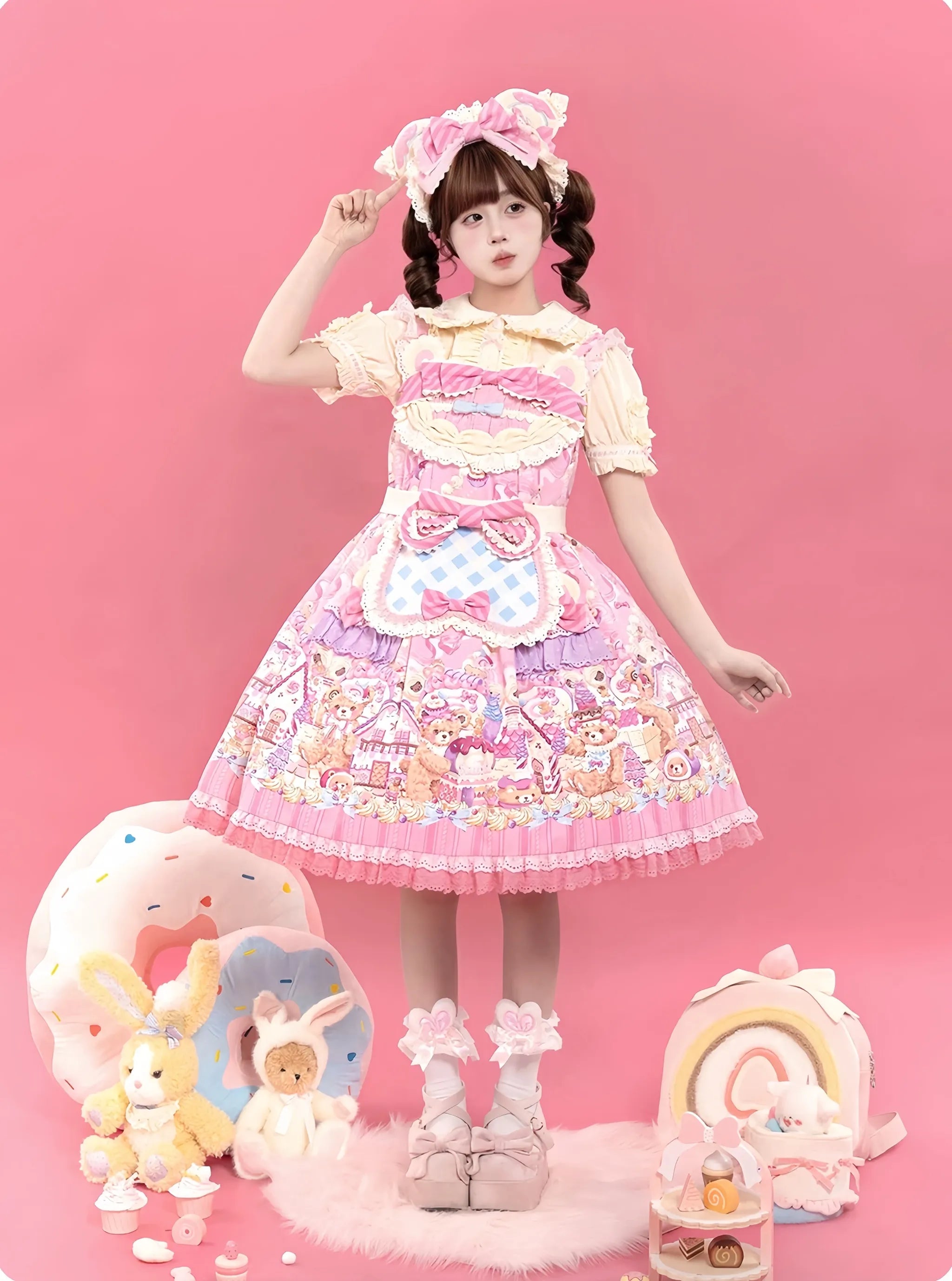 Bear Cake - Sweet Lolita JSK & OP Dress, Bear & Dessert Print 45755:860924
